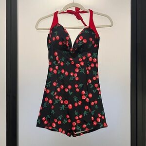 NEVER WORN- Pinup Cherry Print Swimsuit with Red Halter Straps-XL underwire cup